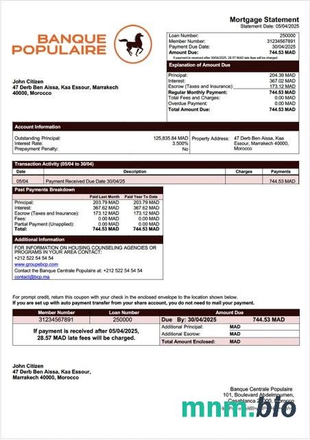 Maroko Banque Centrale Populaire wyciąg z kredytu hipotecznego szablon Word i PDF